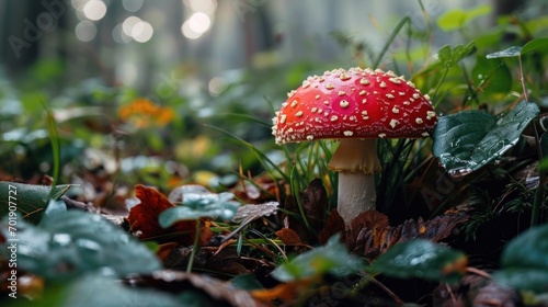 a macro photograph that captures the enchanting beauty of a red mushroom