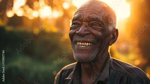 Elderly African American man laughing in golden hour sunlight