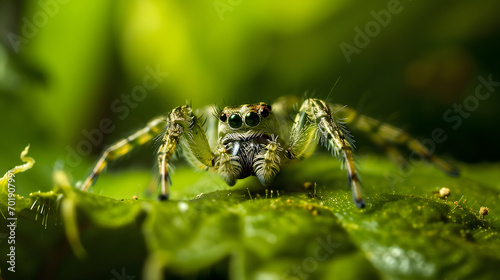Macro photography of a jumping spider on a green leaf