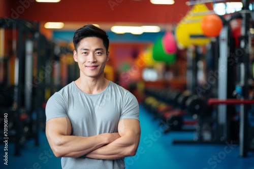 Fitness  gym and happy asian man personal trainer ready for workout coaching