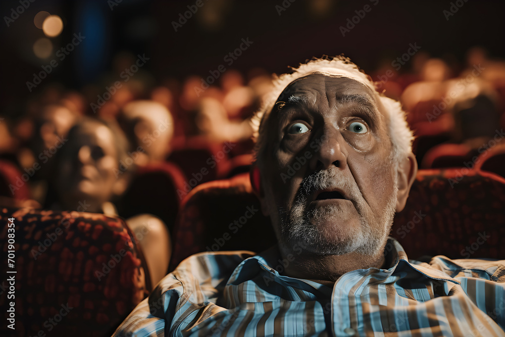 senior man in cinema terrified reaction