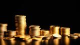 stacks of golden coins isolated on black background banner with copy space 