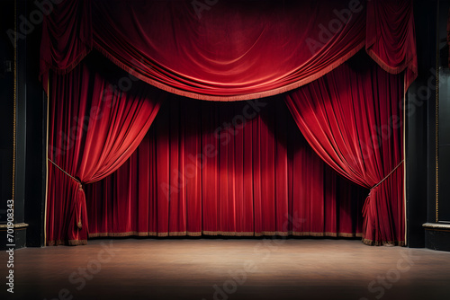 Empty stage with red velvet curtains