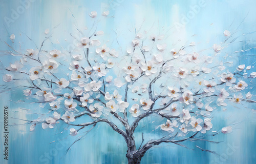 Blossoming Cherry blossom in Blue Spring Sky - oil painting - Generative Ai photo