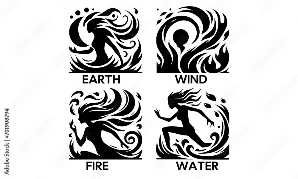 Elements of Nature in Silhouette , Earth, Wind, Fire, Water