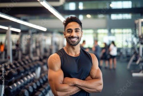 Fitness  gym and happy indian man personal trainer ready for workout coaching