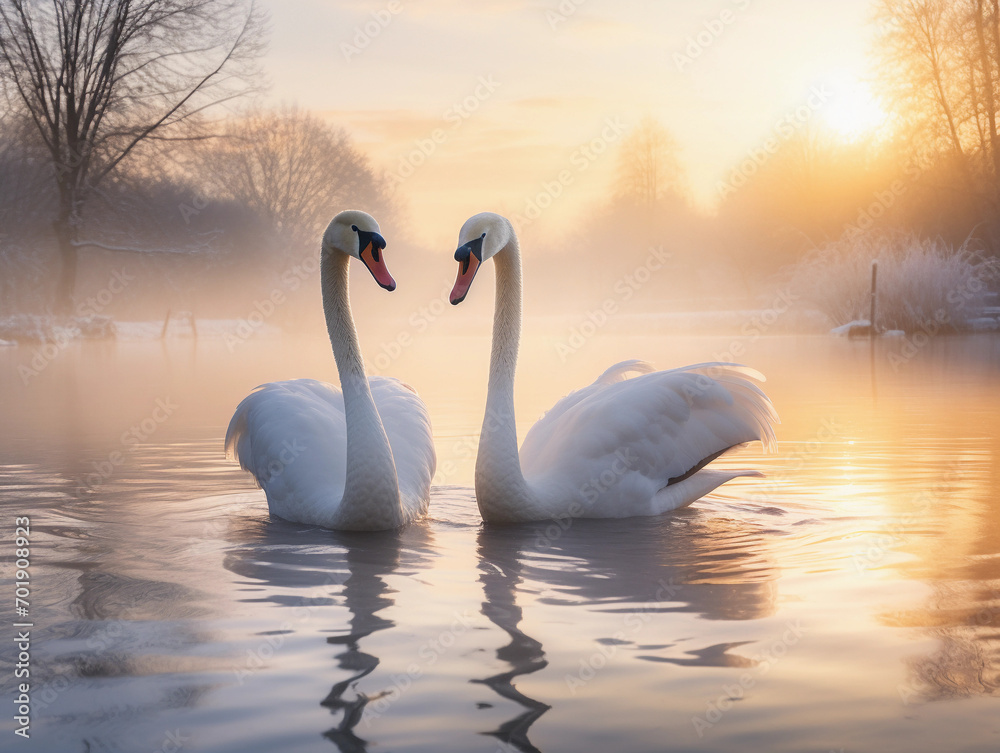 Two swan in lake in winter with snow at sunrise. 