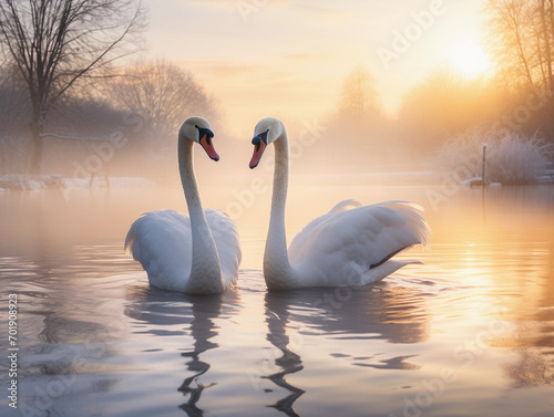 Two swan in lake in winter with snow at sunrise. 