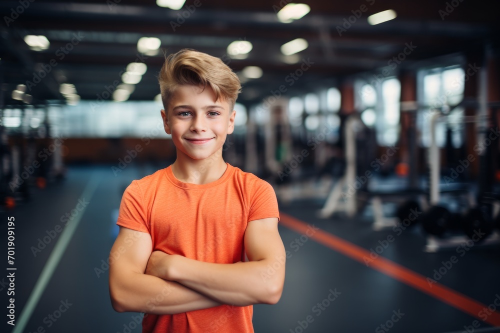 Fitness, gym and happy child boy personal trainer ready for workout coaching Fitness, gym and happy child boy personal trainer ready for workout coaching