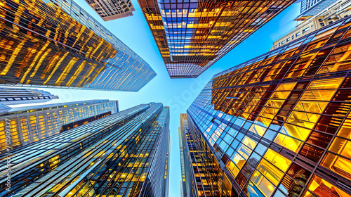 Golden Buildings looking up into the sky 