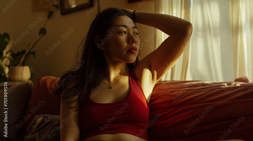 Latino, diverse, Asian teen in dimly lit room, hot weather, no air conditioning, teenage drama Latino, diverse, Asian teen in dimly lit room, hot weather, no air conditioning, teenage drama