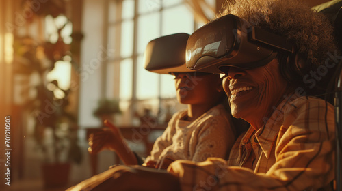 Black African American grandmother and grandchild gaming with VR headset goggles at home photo