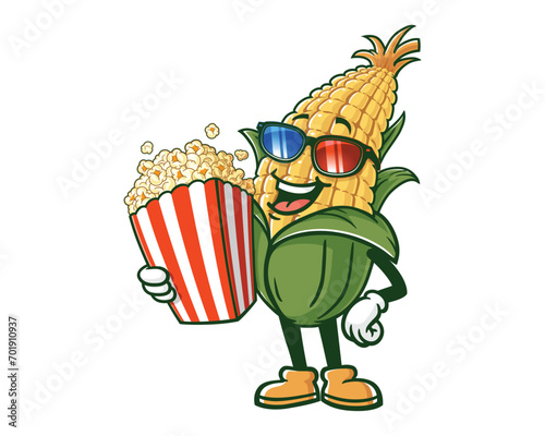 Corn maize with popcorn and wearing 3d movie glasses cartoon mascot illustration character vector clip art hand drawn photo