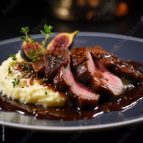 Glazed duck fillet, mashed potatoes seasoned with truffle oil, figs and aniseed sauce, AI generator