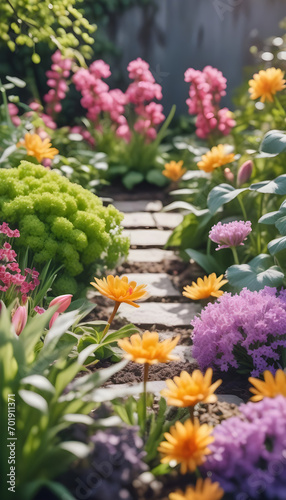 Bright spring flowers surrounded by garden plants cutout