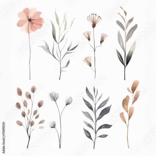 watercolor flowers, a set of illustrations in handmade watercolor style on a white background, generative ai 