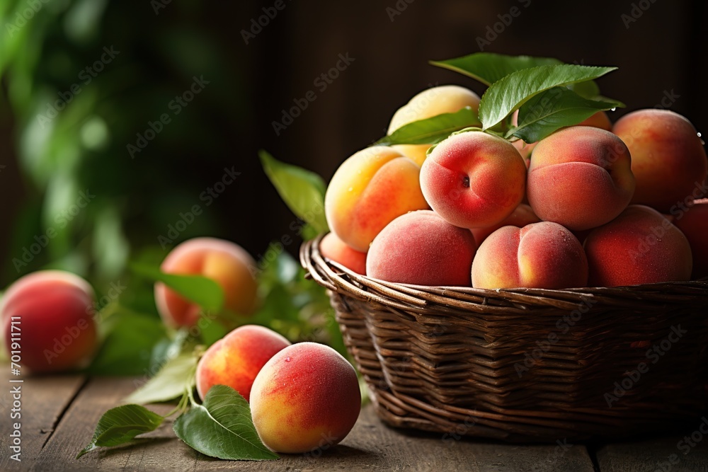 basket full of ripe sweet peaches on wooden table on a rustic blurred background