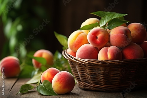 basket full of ripe sweet peaches on wooden table on a rustic blurred background
