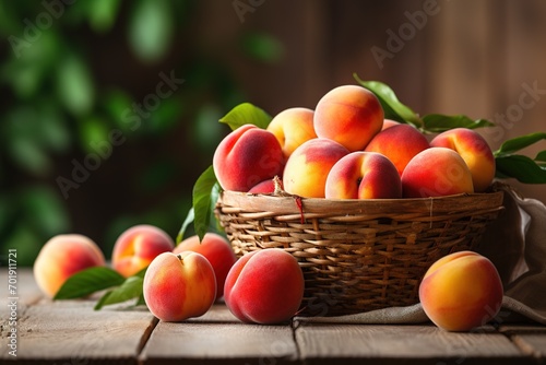 basket of ripe organic tasty peaches on wooden table on a blurred rustic background