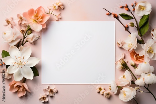mockup empty white blank card on beige background with abstract flowers