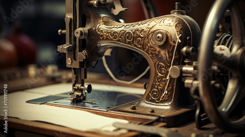 Vintage sewing machine factory sewing close up