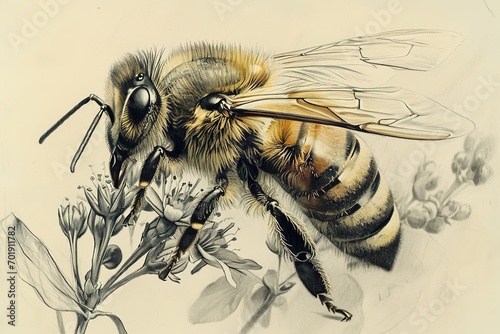 realistic pencil sketch of a fluffy bee pollinating flower, macro insect illustration © Маргарита Вайс