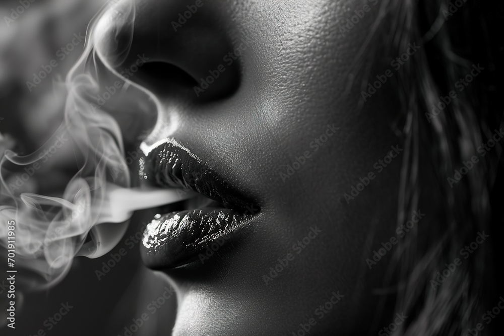 closeup of a female lips exhale smoke, black and white noir photography - obrazy, fototapety, plakaty 