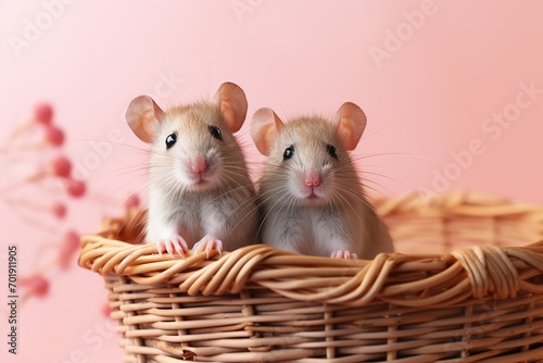 two cute domestic rats in a basket on a pink background