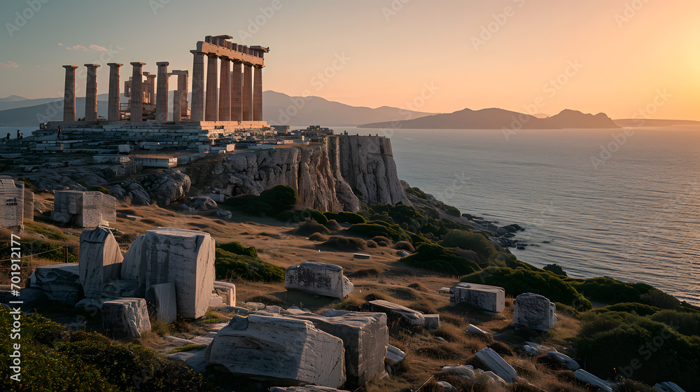 A photo of the Temple of Poseidon at Cape Sounion, with the Aegean Sea as the background, during a serene twilight - obrazy, fototapety, plakaty 