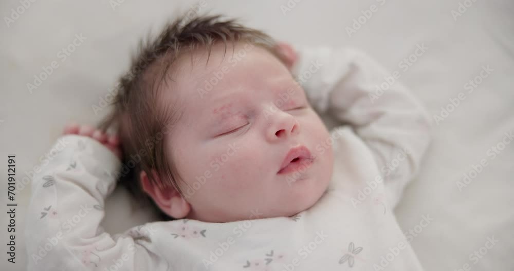 Tired baby, sleeping and nursery bed with morning, nap and dreaming of a young newborn at home. Cozy, sleepy kid and calm with health development from rest and peace in a house with closeup and care Tired baby, sleeping and nursery bed with morning, nap and dreaming of a young newborn at home. Cozy, sleepy kid and calm with health development from rest and peace in a house with closeup and care