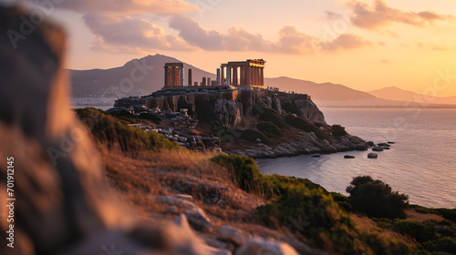 A photo of the Temple of Poseidon at Cape Sounion, with the Aegean Sea as the background, during a serene twilight photo