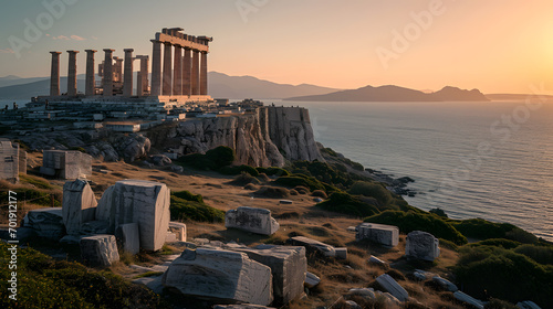 A photo of the Temple of Poseidon at Cape Sounion, with the Aegean Sea as the background, during a serene twilight photo