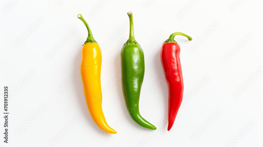 Yellow red and green paprika chili on white background