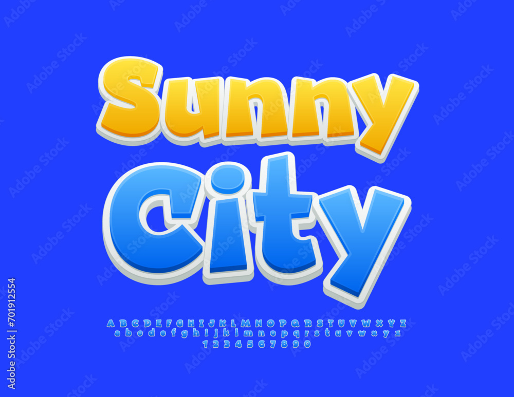 Vector bright banner Sunny City. Funny Blue Font. Creative  Alphabet Letters and Numbers set.
