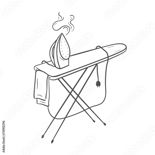Hand-drawn and doodle vector icon and pictogram, 
ironing board with hot iron on it and smoke