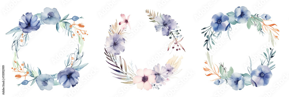watercolor frame flowers, a set of illustrations in handmade watercolor style on a white background, generative ai	
