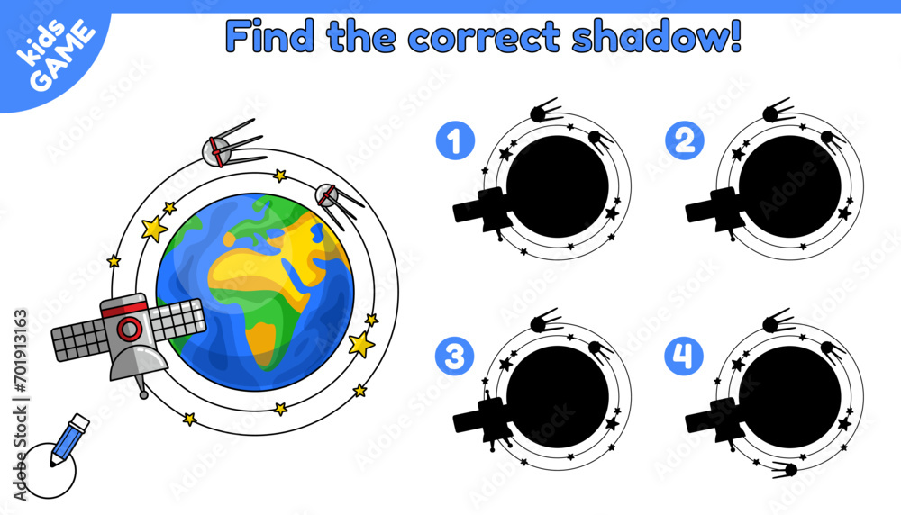Space educational kids game. Find the correct shadow. Puzzle for preschool and school education. Page of activity book for children. Cartoon planet Earth with satellites, stars. Vector illustration. Space educational kids game. Find the correct shadow. Puzzle for preschool and school education. Page of activity book for children. Cartoon planet Earth with satellites, stars. Vector illustration.