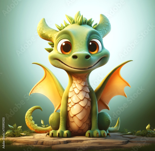 Charming green baby dragon with big, expressive eyes and playful horns. The greeny baby dinosaur with small wings is sitting on stone