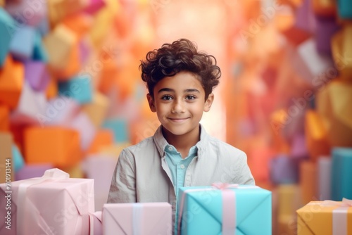 happy child boy with gift boxes tied ribbons and colorful paper decorations for the holiday