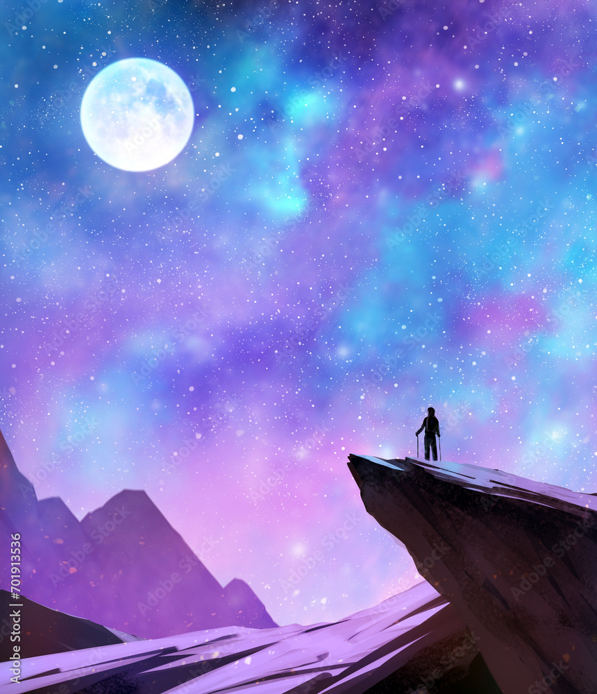 a man standing on cliff looking full moon with starry sky, digital art, illustration painting a man standing on cliff looking full moon with starry sky, digital art, illustration painting