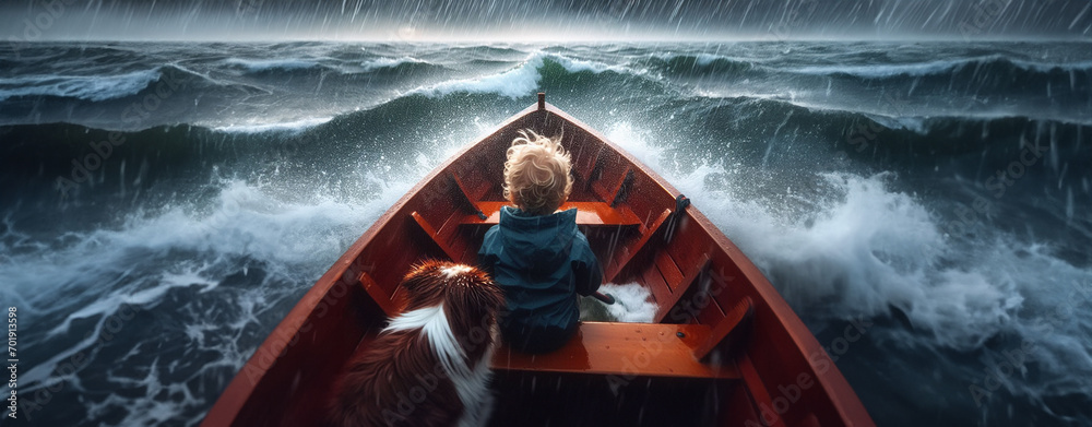 A young boy or toddler and a dog in a small rowboat try to navigate stormy seas during a thunderstorm in the middle of the ocean with giant waves - obrazy, fototapety, plakaty 