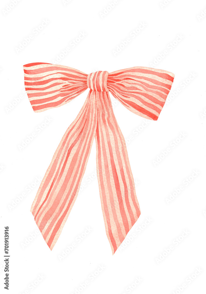 Light striped ribbon bow. Watercolor illustration.
