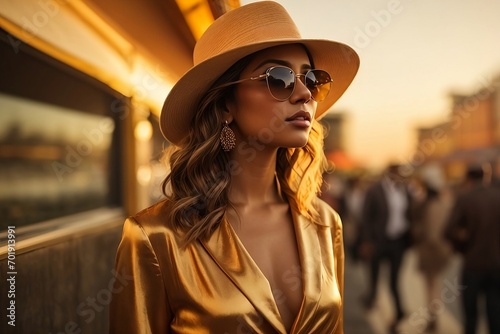 An alluring woman, standing out against a vibrant background, her hat and sunglasses adding a touch of glamour, as the golden hour paints the sky with its golden hues.