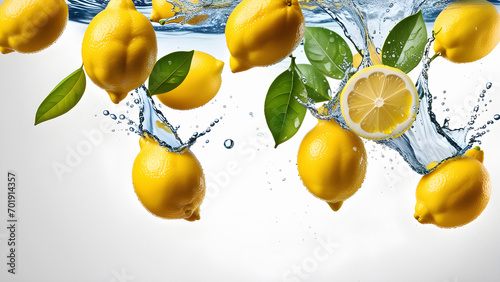 Fresh lemons falling into water with splash and leaves on white background