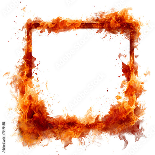 Mockup of a burning frame is cut out on a transparent background. The fire on the frame spreads in different directions. Concept of carelessness with fire and its consequences