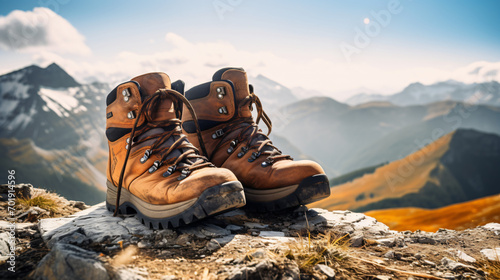 A pair of hiking boots on top of a mountain