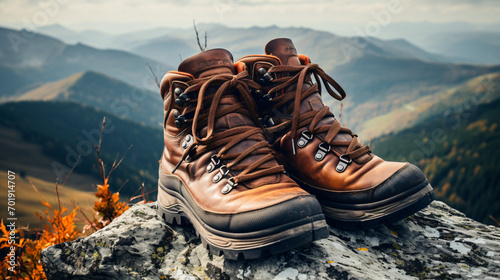 A pair of hiking boots on top of a mountain © Data