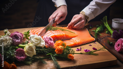 A person cutting up a piece of salmon