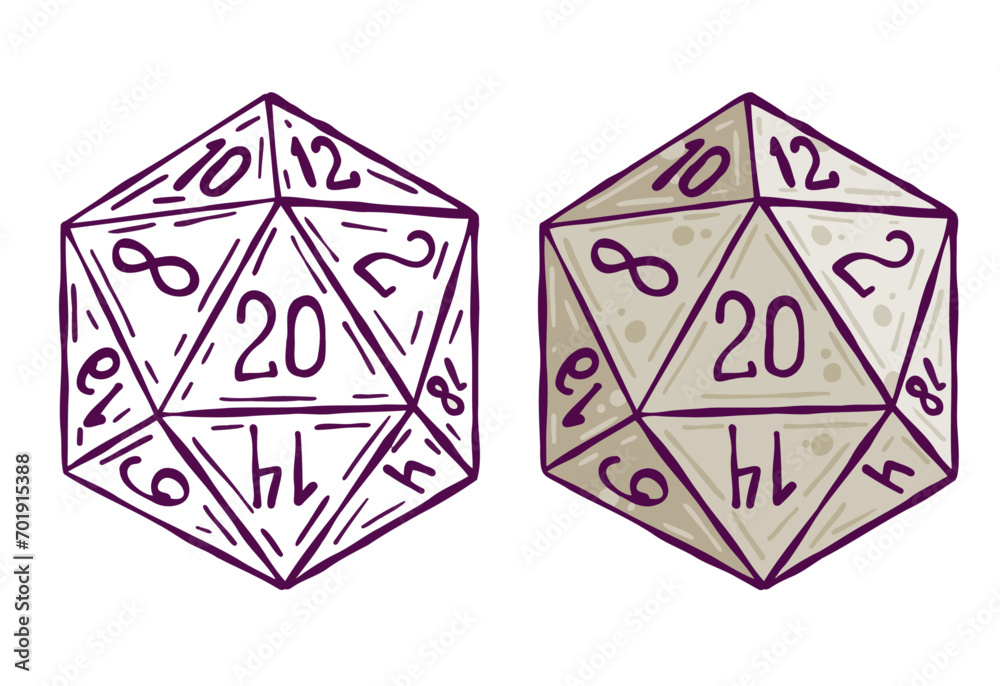 Dice d20 for playing Dnd. Dungeon and dragons board game. Cartoon outline drawn illustration - obrazy, fototapety, plakaty 