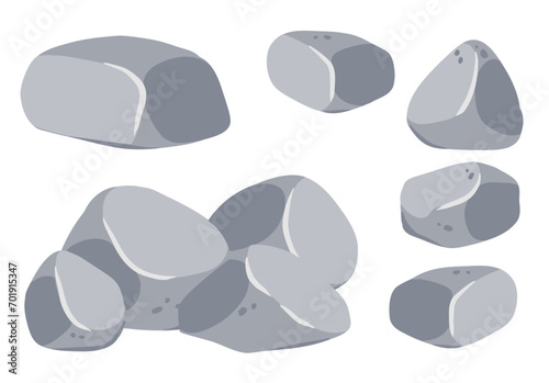 Set of stones. Gray cobblestone. Element of nature and mountains. Items for decoration and background. Flat cartoon. Boulder cobble debris. Block granite material.